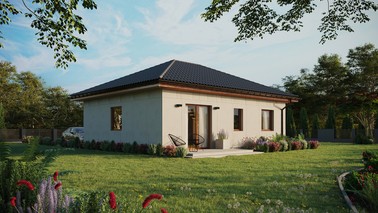 Projekt ERDOL 2 - Wersja prawa (salon po prawej stronie) - Czterospadowy bez poddasza użytkowego – kąt nachylenia 25 stopni - Bez okien/świetlików dachowych - Okna standardowe - Bez styropianu, siatki i kleju - Złoty dąb