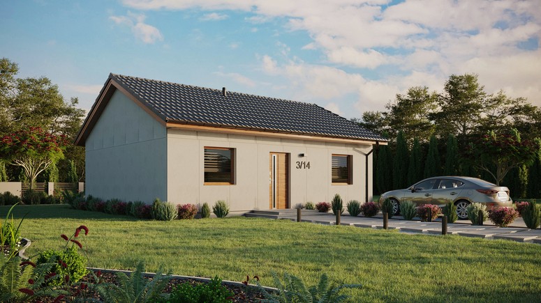 Projekt ERDOL 2 - Wersja prawa (salon po prawej stronie) - Dwuspadowy bez poddasza użytkowego – kąt nachylenia 25 stopni - Bez okien/świetlików dachowych - Okna standardowe - Bez styropianu, siatki i kleju - Złoty dąb - Bez instalacji fotowoltaicznej