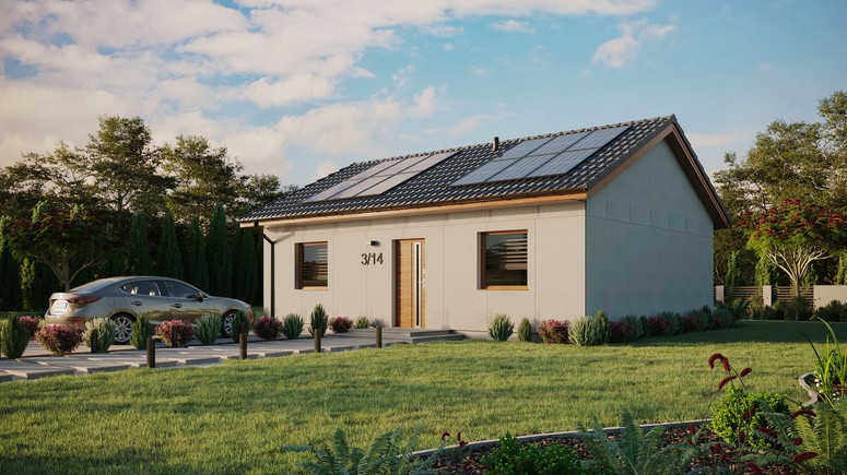 Projekt ERDOL 2 - Wersja lewa (salon po lewej stronie) - Dwuspadowy bez poddasza użytkowego – kąt nachylenia 25 stopni - Bez okien/świetlików dachowych - Okna standardowe - Bez styropianu, siatki i kleju - Złoty dąb - Instalacja fotowoltaiczna 4,8 kWp (12 paneli)