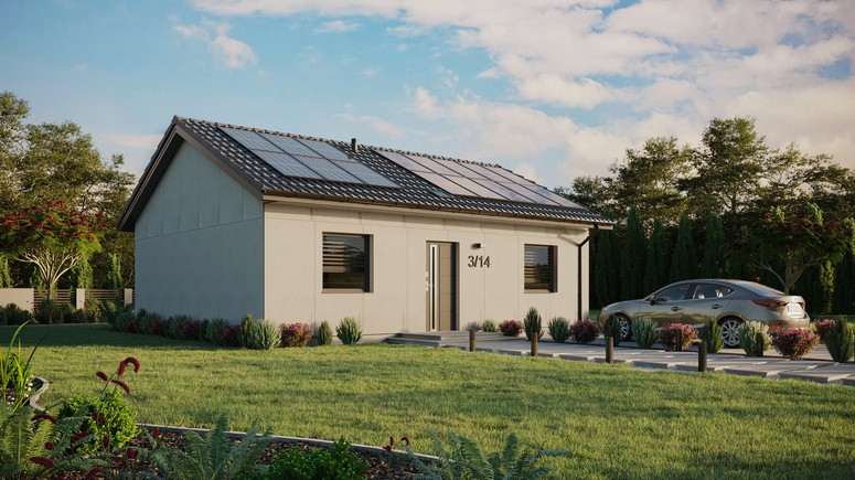 Projekt ERDOL 2 - Wersja prawa (salon po prawej stronie) - Dwuspadowy bez poddasza użytkowego – kąt nachylenia 25 stopni - Świetlik dachowy - Okna standardowe - Bez styropianu, siatki i kleju - Antracyt - Instalacja fotowoltaiczna 6,4 kWp (16 paneli)