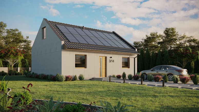 Projekt ERDOL 2 - Wersja prawa (salon po prawej stronie) - Dwuspadowy nowoczesny z poddaszem użytkowym – kąt nachylenia 35 stopni - Bez okien/świetlików dachowych - Okna standardowe - Bez styropianu, siatki i kleju - Winchester - Instalacja fotowoltaiczna 6,4 kWp (16 paneli)
