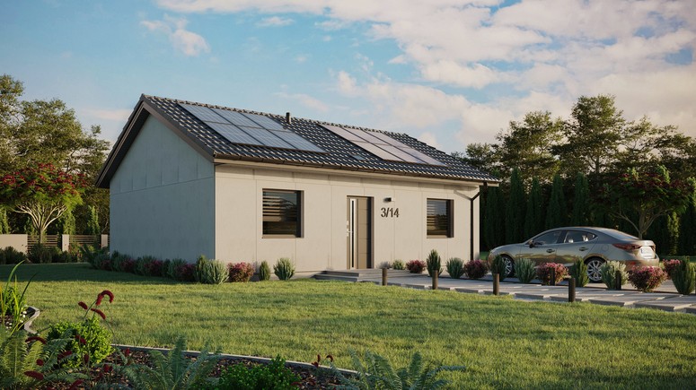 Projekt ERDOL 2 - Wersja prawa (salon po prawej stronie) - Dwuspadowy bez poddasza użytkowego – kąt nachylenia 25 stopni - Świetlik dachowy - Okna standardowe - Bez styropianu, siatki i kleju - Antracyt - Instalacja fotowoltaiczna 4,8 kWp (12 paneli)