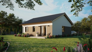 Projekt ERDOL 2 - Wersja lewa (salon po lewej stronie) - Dwuspadowy bez poddasza użytkowego – kąt nachylenia 25 stopni - Bez okien/świetlików dachowych - Okna standardowe - Styropian, siatka i klej - Winchester - Bez instalacji fotowoltaicznej