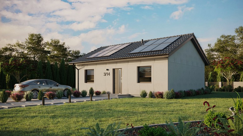 Projekt ERDOL 2 - Wersja lewa (salon po lewej stronie) - Dwuspadowy bez poddasza użytkowego – kąt nachylenia 25 stopni - Bez okien/świetlików dachowych - Okna standardowe - Bez styropianu, siatki i kleju - Antracyt - Instalacja fotowoltaiczna 4,8 kWp (12 paneli)