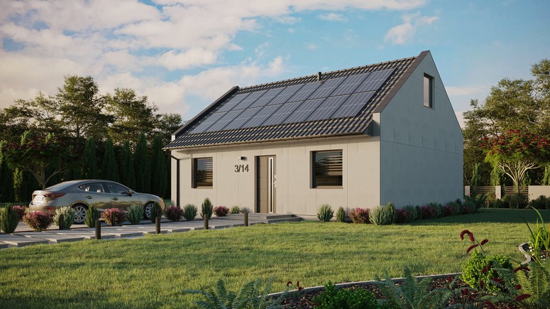 Projekt ERDOL 2 - Wersja lewa (salon po lewej stronie) - Dwuspadowy nowoczesny z poddaszem użytkowym – kąt nachylenia 35 stopni - Bez okien/świetlików dachowych - Okna standardowe - Bez styropianu, siatki i kleju - Antracyt - Instalacja fotowoltaiczna 6,4 kWp (16 paneli)