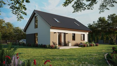 Projekt ERDOL 2 - Wersja prawa (salon po prawej stronie) - Dwuspadowy z poddaszem użytkowym – kąt nachylenia 35 stopni - Dwa okna dachowe pokojowe - Okno balkonowe w jadalni i okna na poddaszu do podłogi - Styropian, siatka i klej - Orzech - Bez instalacji fotowoltaicznej