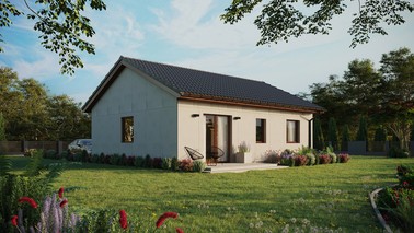 Projekt ERDOL 2 - Wersja prawa (salon po prawej stronie) - Dwuspadowy bez poddasza użytkowego – kąt nachylenia 25 stopni - Bez okien/świetlików dachowych - Okna standardowe - Bez styropianu, siatki i kleju - Orzech - Bez instalacji fotowoltaicznej