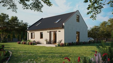 Projekt ERDOL 2 - Wersja lewa (salon po lewej stronie) - Dwuspadowy nowoczesny z poddaszem użytkowym – kąt nachylenia 35 stopni - Dwa okna dachowe pokojowe - Okno balkonowe w jadalni - Bez styropianu, siatki i kleju - Złoty dąb - Bez instalacji fotowoltaicznej