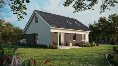 Projekt ERDOL 2 - Wersja prawa (salon po prawej stronie) - Dwuspadowy z poddaszem użytkowym – kąt nachylenia 35 stopni - Okno dachowe pokojowe i łazienkowe - Okno balkonowe w jadalni - Styropian, siatka i klej - Biały - Bez instalacji fotowoltaicznej