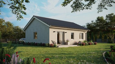 Projekt ERDOL 2 - Wersja prawa (salon po prawej stronie) - Dwuspadowy bez poddasza użytkowego – kąt nachylenia 25 stopni - Bez okien/świetlików dachowych - Okna standardowe - Bez styropianu, siatki i kleju - Biały - Bez instalacji fotowoltaicznej