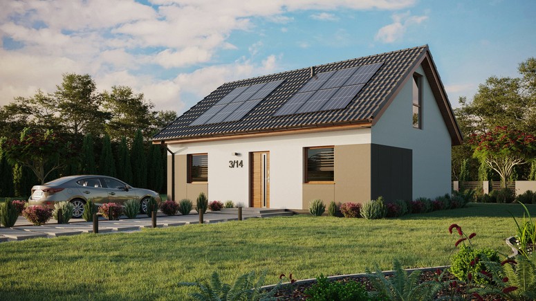 Projekt ERDOL 2 - Wersja lewa (salon po lewej stronie) - Dwuspadowy z poddaszem użytkowym – kąt nachylenia 35 stopni - Bez okien/świetlików dachowych - Okno balkonowe w jadalni i okna na poddaszu do podłogi - Styropian, siatka i klej - Złoty dąb - Instalacja fotowoltaiczna 4,8 kWp (12 paneli)