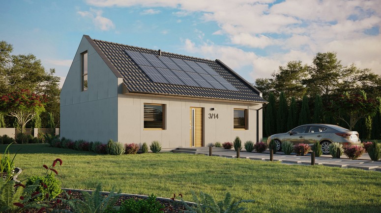 Projekt ERDOL 2 - Wersja prawa (salon po prawej stronie) - Dwuspadowy nowoczesny z poddaszem użytkowym – kąt nachylenia 35 stopni - Dwa okna dachowe pokojowe - Okno balkonowe w jadalni i okna na poddaszu do podłogi - Bez styropianu, siatki i kleju - Winchester - Instalacja fotowoltaiczna 4,8 kWp (12 paneli)