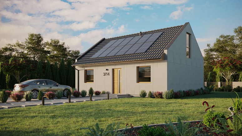 Projekt ERDOL 2 - Wersja lewa (salon po lewej stronie) - Dwuspadowy nowoczesny z poddaszem użytkowym – kąt nachylenia 35 stopni - Bez okien/świetlików dachowych - Okno balkonowe w jadalni i okna na poddaszu do podłogi - Bez styropianu, siatki i kleju - Winchester - Instalacja fotowoltaiczna 4,8 kWp (12 paneli)
