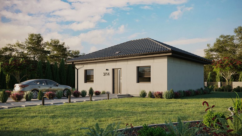 Projekt ERDOL 2 - Wersja lewa (salon po lewej stronie) - Czterospadowy bez poddasza użytkowego – kąt nachylenia 25 stopni - Świetlik dachowy - Okna standardowe - Bez styropianu, siatki i kleju - Antracyt