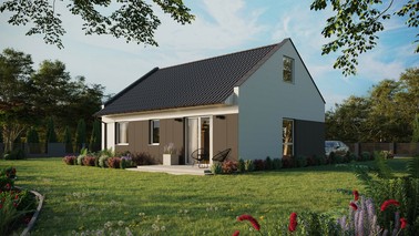 Projekt ERDOL 2 - Wersja lewa (salon po lewej stronie) - Dwuspadowy nowoczesny z poddaszem użytkowym – kąt nachylenia 35 stopni - Bez okien/świetlików dachowych - Okno balkonowe w jadalni - Styropian, siatka i klej - Biały - Bez instalacji fotowoltaicznej