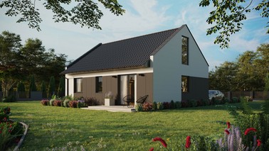 Projekt ERDOL 2 - Wersja lewa (salon po lewej stronie) - Dwuspadowy nowoczesny z poddaszem użytkowym – kąt nachylenia 35 stopni - Bez okien/świetlików dachowych - Okna na poddaszu do podłogi - Styropian, siatka i klej - Antracyt - Bez instalacji fotowoltaicznej