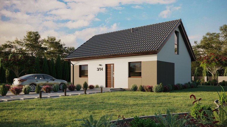 Projekt ERDOL 2 - Wersja lewa (salon po lewej stronie) - Dwuspadowy z poddaszem użytkowym – kąt nachylenia 35 stopni - Bez okien/świetlików dachowych - Okna na poddaszu do podłogi - Styropian, siatka i klej - Orzech - Bez instalacji fotowoltaicznej