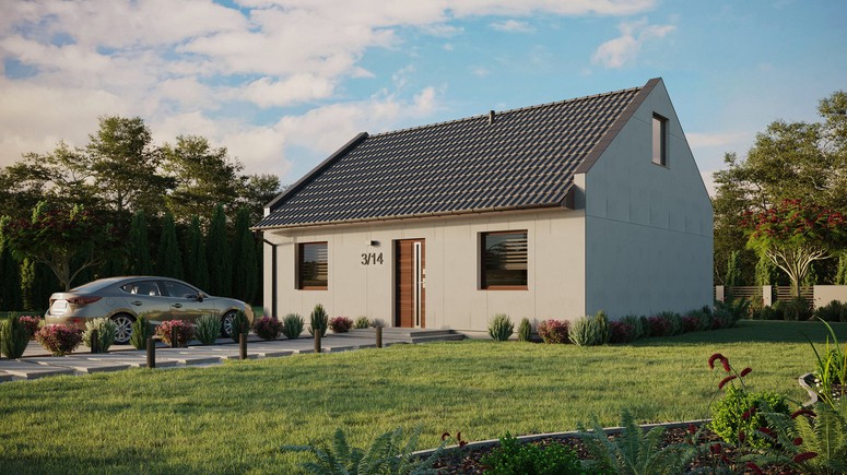 Projekt ERDOL 2 - Wersja lewa (salon po lewej stronie) - Dwuspadowy nowoczesny z poddaszem użytkowym – kąt nachylenia 35 stopni - Bez okien/świetlików dachowych - Okna standardowe - Bez styropianu, siatki i kleju - Orzech - Bez instalacji fotowoltaicznej