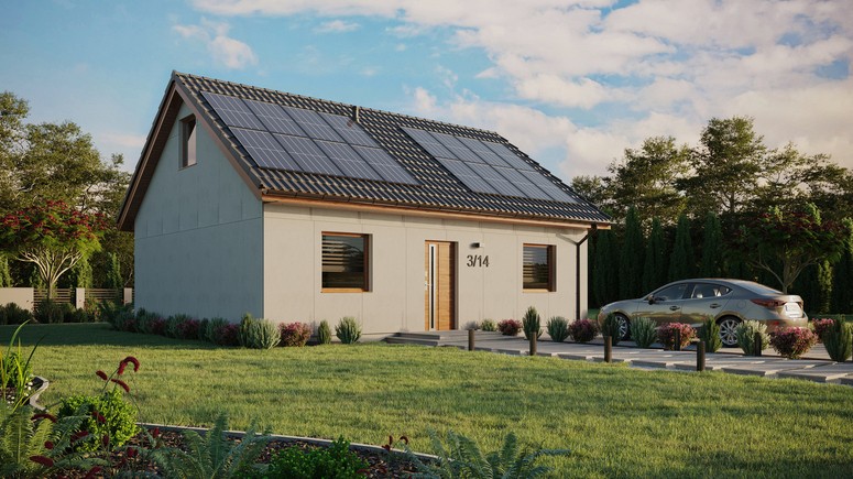 Projekt ERDOL 2 - Wersja prawa (salon po prawej stronie) - Dwuspadowy z poddaszem użytkowym – kąt nachylenia 35 stopni - Bez okien/świetlików dachowych - Okna standardowe - Bez styropianu, siatki i kleju - Złoty dąb - Instalacja fotowoltaiczna 6,4 kWp (16 paneli)