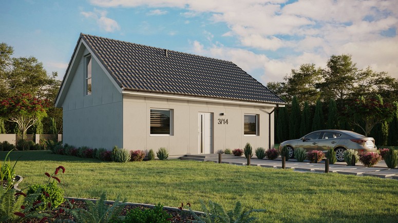 Projekt ERDOL 2 - Wersja prawa (salon po prawej stronie) - Dwuspadowy z poddaszem użytkowym – kąt nachylenia 35 stopni - Bez okien/świetlików dachowych - Okno balkonowe w jadalni i okna na poddaszu do podłogi - Bez styropianu, siatki i kleju - Biały - Bez instalacji fotowoltaicznej