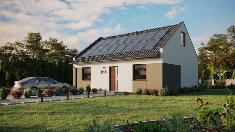 Projekt ERDOL 2 - Wersja lewa (salon po lewej stronie) - Dwuspadowy nowoczesny z poddaszem użytkowym – kąt nachylenia 35 stopni - Bez okien/świetlików dachowych - Okna standardowe - Styropian, siatka i klej - Orzech - Instalacja fotowoltaiczna 6,4 kWp (16 paneli)
