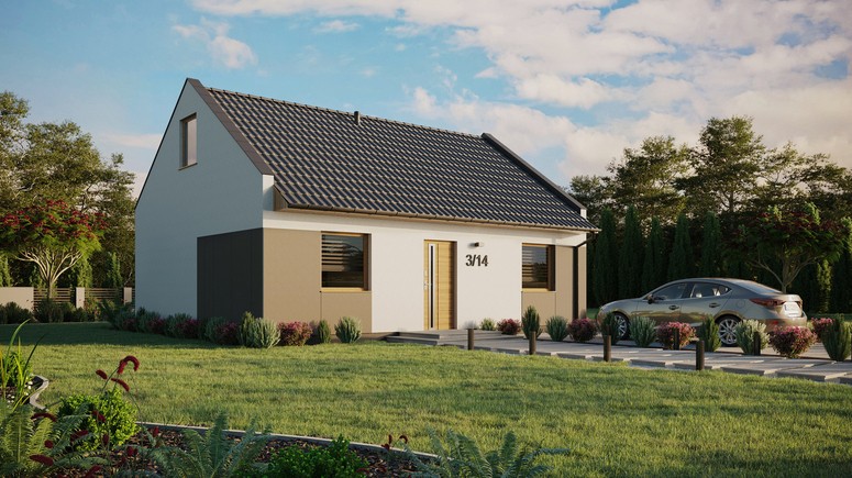 Projekt ERDOL 2 - Wersja prawa (salon po prawej stronie) - Dwuspadowy nowoczesny z poddaszem użytkowym – kąt nachylenia 35 stopni - Bez okien/świetlików dachowych - Okna standardowe - Styropian, siatka i klej - Winchester - Bez instalacji fotowoltaicznej