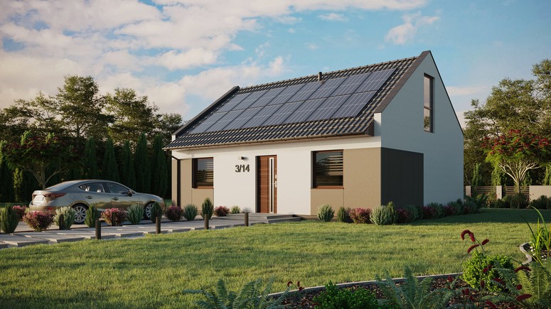 Projekt ERDOL 2 - Wersja lewa (salon po lewej stronie) - Dwuspadowy nowoczesny z poddaszem użytkowym – kąt nachylenia 35 stopni - Bez okien/świetlików dachowych - Okna na poddaszu do podłogi - Styropian, siatka i klej - Orzech - Instalacja fotowoltaiczna 6,4 kWp (16 paneli)