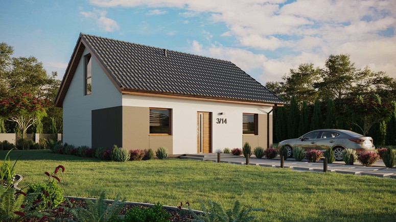 Projekt ERDOL 2 - Wersja prawa (salon po prawej stronie) - Dwuspadowy z poddaszem użytkowym – kąt nachylenia 35 stopni - Bez okien/świetlików dachowych - Okno balkonowe w jadalni i okna na poddaszu do podłogi - Styropian, siatka i klej - Złoty dąb - Bez instalacji fotowoltaicznej