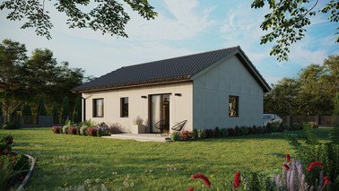 Projekt ERDOL 2 - Wersja lewa (salon po lewej stronie) - Dwuspadowy bez poddasza użytkowego – kąt nachylenia 25 stopni - Bez okien/świetlików dachowych - Okna standardowe - Bez styropianu, siatki i kleju - Antracyt - Bez instalacji fotowoltaicznej