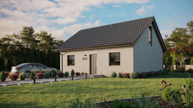 Projekt ERDOL 2 - Wersja lewa (salon po lewej stronie) - Dwuspadowy z poddaszem użytkowym – kąt nachylenia 35 stopni - Bez okien/świetlików dachowych - Okno balkonowe w jadalni i okna na poddaszu do podłogi - Bez styropianu, siatki i kleju - Antracyt - Bez instalacji fotowoltaicznej