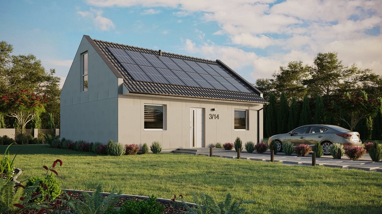 Projekt ERDOL 2 - Wersja prawa (salon po prawej stronie) - Dwuspadowy nowoczesny z poddaszem użytkowym – kąt nachylenia 35 stopni - Bez okien/świetlików dachowych - Okno balkonowe w jadalni i okna na poddaszu do podłogi - Bez styropianu, siatki i kleju - Biały - Instalacja fotowoltaiczna 6,4 kWp (16 paneli)