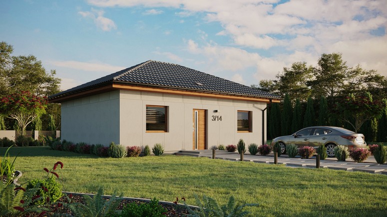 Projekt ERDOL 2 - Wersja prawa (salon po prawej stronie) - Czterospadowy bez poddasza użytkowego – kąt nachylenia 25 stopni - Świetlik dachowy - Okna standardowe - Bez styropianu, siatki i kleju - Złoty dąb