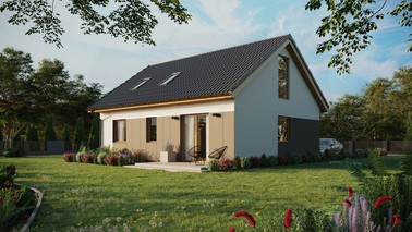 Projekt ERDOL 2 - Wersja lewa (salon po lewej stronie) - Dwuspadowy z poddaszem użytkowym – kąt nachylenia 35 stopni - Okno dachowe pokojowe i łazienkowe - Okna na poddaszu do podłogi - Styropian, siatka i klej - Winchester - Bez instalacji fotowoltaicznej