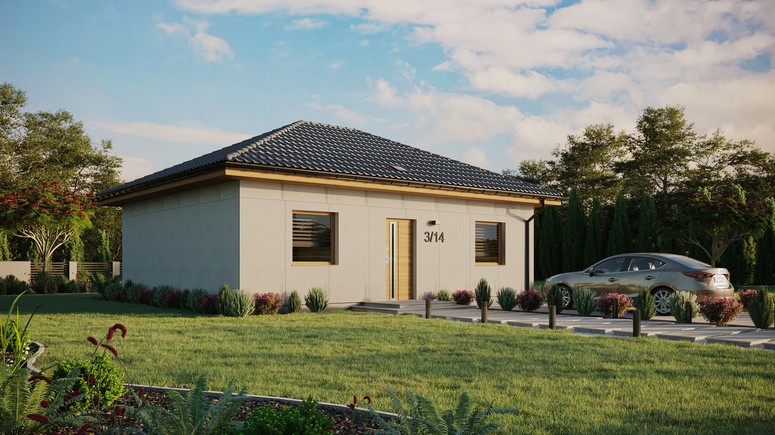 Projekt ERDOL 2 - Wersja prawa (salon po prawej stronie) - Czterospadowy bez poddasza użytkowego – kąt nachylenia 25 stopni - Świetlik dachowy - Okna standardowe - Bez styropianu, siatki i kleju - Winchester