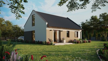 Projekt ERDOL 2 - Wersja prawa (salon po prawej stronie) - Dwuspadowy nowoczesny z poddaszem użytkowym – kąt nachylenia 35 stopni - Bez okien/świetlików dachowych - Okno balkonowe w jadalni i okna na poddaszu do podłogi - Styropian, siatka i klej - Złoty dąb - Bez instalacji fotowoltaicznej