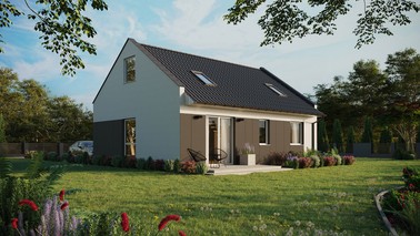 Projekt ERDOL 2 - Wersja prawa (salon po prawej stronie) - Dwuspadowy nowoczesny z poddaszem użytkowym – kąt nachylenia 35 stopni - Dwa okna dachowe pokojowe - Okno balkonowe w jadalni - Styropian, siatka i klej - Biały - Bez instalacji fotowoltaicznej