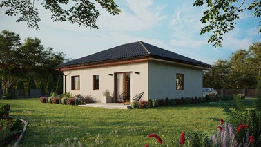 Projekt ERDOL 2 - Wersja lewa (salon po lewej stronie) - Czterospadowy bez poddasza użytkowego – kąt nachylenia 25 stopni - Bez okien/świetlików dachowych - Okna standardowe - Bez styropianu, siatki i kleju - Złoty dąb