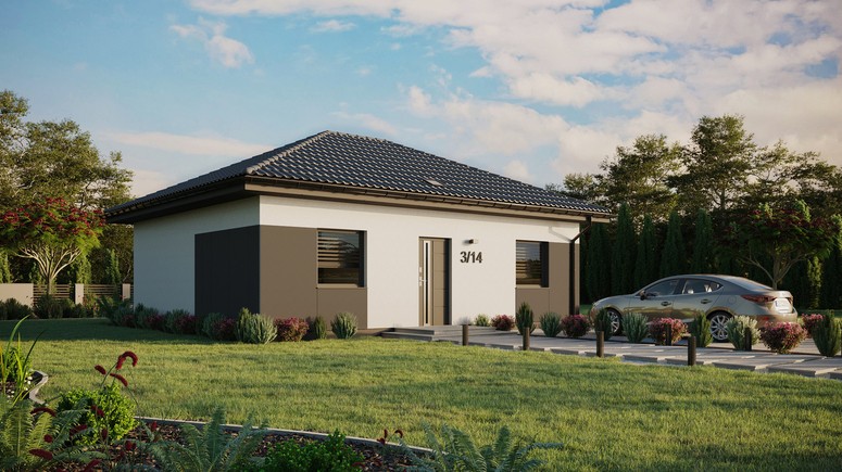 Projekt ERDOL 2 - Wersja prawa (salon po prawej stronie) - Czterospadowy bez poddasza użytkowego – kąt nachylenia 25 stopni - Świetlik dachowy - Okna standardowe - Styropian, siatka i klej - Antracyt