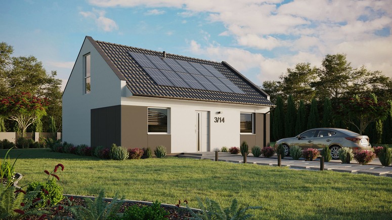 Projekt ERDOL 2 - Wersja prawa (salon po prawej stronie) - Dwuspadowy nowoczesny z poddaszem użytkowym – kąt nachylenia 35 stopni - Bez okien/świetlików dachowych - Okno balkonowe w jadalni i okna na poddaszu do podłogi - Styropian, siatka i klej - Biały - Instalacja fotowoltaiczna 4,8 kWp (12 paneli)