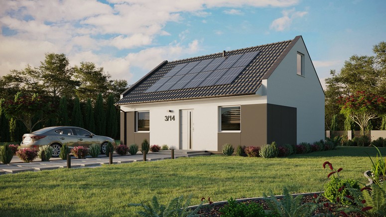 Projekt ERDOL 2 - Wersja lewa (salon po lewej stronie) - Dwuspadowy nowoczesny z poddaszem użytkowym – kąt nachylenia 35 stopni - Bez okien/świetlików dachowych - Okna standardowe - Styropian, siatka i klej - Biały - Instalacja fotowoltaiczna 4,8 kWp (12 paneli)