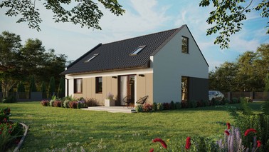 Projekt ERDOL 2 - Wersja lewa (salon po lewej stronie) - Dwuspadowy nowoczesny z poddaszem użytkowym – kąt nachylenia 35 stopni - Dwa okna dachowe pokojowe - Okno balkonowe w jadalni - Styropian, siatka i klej - Orzech - Bez instalacji fotowoltaicznej