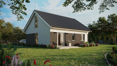 Projekt ERDOL 2 - Wersja prawa (salon po prawej stronie) - Dwuspadowy z poddaszem użytkowym – kąt nachylenia 35 stopni - Bez okien/świetlików dachowych - Okno balkonowe w jadalni i okna na poddaszu do podłogi - Styropian, siatka i klej - Biały - Bez instalacji fotowoltaicznej