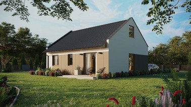 Projekt ERDOL 2 - Wersja lewa (salon po lewej stronie) - Dwuspadowy nowoczesny z poddaszem użytkowym – kąt nachylenia 35 stopni - Bez okien/świetlików dachowych - Okno balkonowe w jadalni - Styropian, siatka i klej - Winchester - Bez instalacji fotowoltaicznej