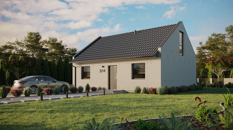 Projekt ERDOL 2 - Wersja lewa (salon po lewej stronie) - Dwuspadowy nowoczesny z poddaszem użytkowym – kąt nachylenia 35 stopni - Bez okien/świetlików dachowych - Okno balkonowe w jadalni i okna na poddaszu do podłogi - Bez styropianu, siatki i kleju - Antracyt - Bez instalacji fotowoltaicznej