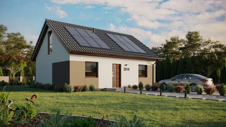 Projekt ERDOL 2 - Wersja prawa (salon po prawej stronie) - Dwuspadowy z poddaszem użytkowym – kąt nachylenia 35 stopni - Bez okien/świetlików dachowych - Okna na poddaszu do podłogi - Styropian, siatka i klej - Orzech - Instalacja fotowoltaiczna 4,8 kWp (12 paneli)