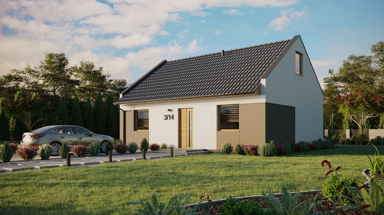 Projekt ERDOL 2 - Wersja lewa (salon po lewej stronie) - Dwuspadowy nowoczesny z poddaszem użytkowym – kąt nachylenia 35 stopni - Bez okien/świetlików dachowych - Okna standardowe - Styropian, siatka i klej - Winchester - Bez instalacji fotowoltaicznej