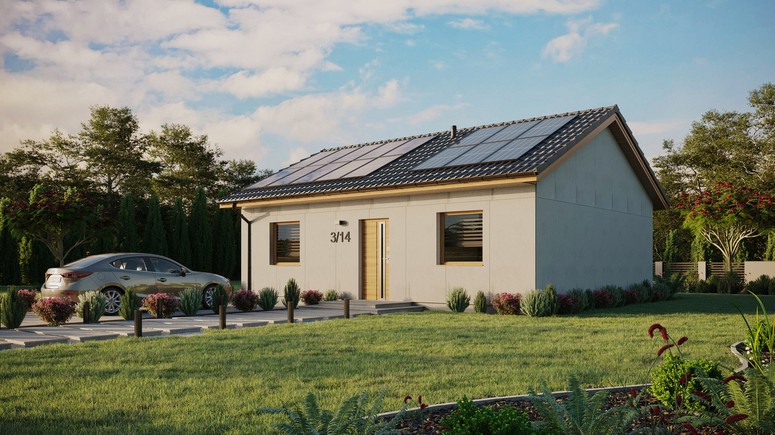 Projekt ERDOL 2 - Wersja lewa (salon po lewej stronie) - Dwuspadowy bez poddasza użytkowego – kąt nachylenia 25 stopni - Bez okien/świetlików dachowych - Okna standardowe - Bez styropianu, siatki i kleju - Winchester - Instalacja fotowoltaiczna 6,4 kWp (16 paneli)