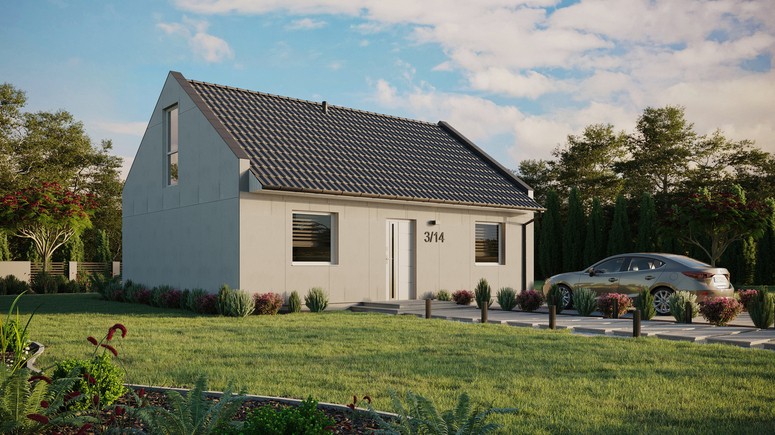 Projekt ERDOL 2 - Wersja prawa (salon po prawej stronie) - Dwuspadowy nowoczesny z poddaszem użytkowym – kąt nachylenia 35 stopni - Bez okien/świetlików dachowych - Okno balkonowe w jadalni i okna na poddaszu do podłogi - Bez styropianu, siatki i kleju - Biały - Bez instalacji fotowoltaicznej