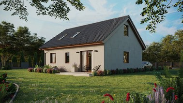 Projekt ERDOL 2 - Wersja lewa (salon po lewej stronie) - Dwuspadowy z poddaszem użytkowym – kąt nachylenia 35 stopni - Okno dachowe pokojowe i łazienkowe - Okna standardowe - Bez styropianu, siatki i kleju - Orzech - Instalacja fotowoltaiczna 4,8 kWp (12 paneli)