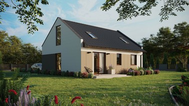 Projekt ERDOL 2 - Wersja prawa (salon po prawej stronie) - Dwuspadowy nowoczesny z poddaszem użytkowym – kąt nachylenia 35 stopni - Dwa okna dachowe pokojowe - Okno balkonowe w jadalni i okna na poddaszu do podłogi - Styropian, siatka i klej - Orzech - Instalacja fotowoltaiczna 6,4 kWp (16 paneli)